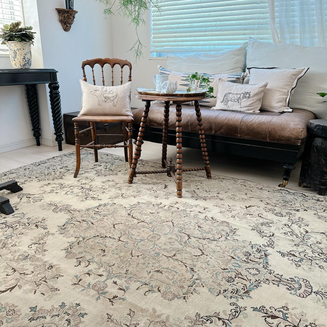 トルコヴィンテージラグ A76超大判 最高級 レア カイセリ グレージュ ブルー