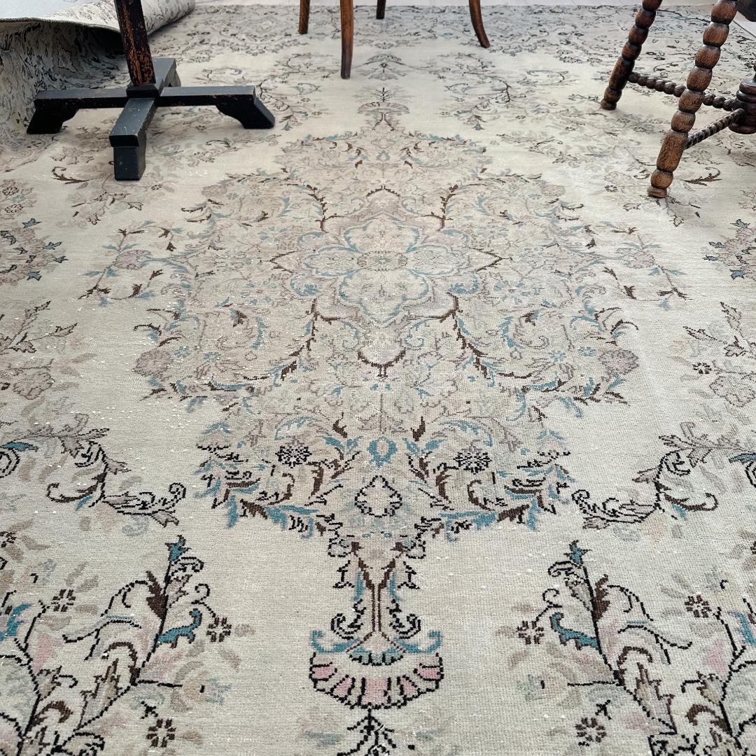 トルコヴィンテージラグ A76超大判 最高級 レア カイセリ グレージュ ブルー