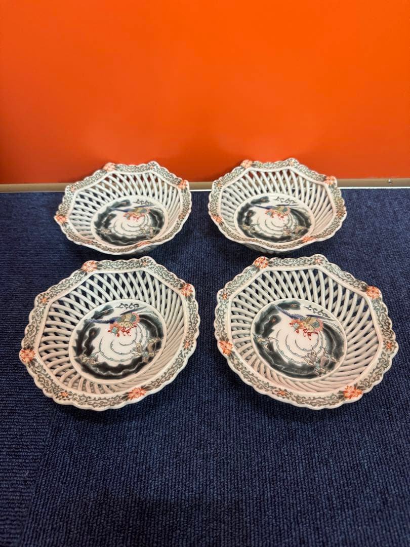 1601  希少　深川製磁 透かし皿 鳳凰文　菓子器  4客