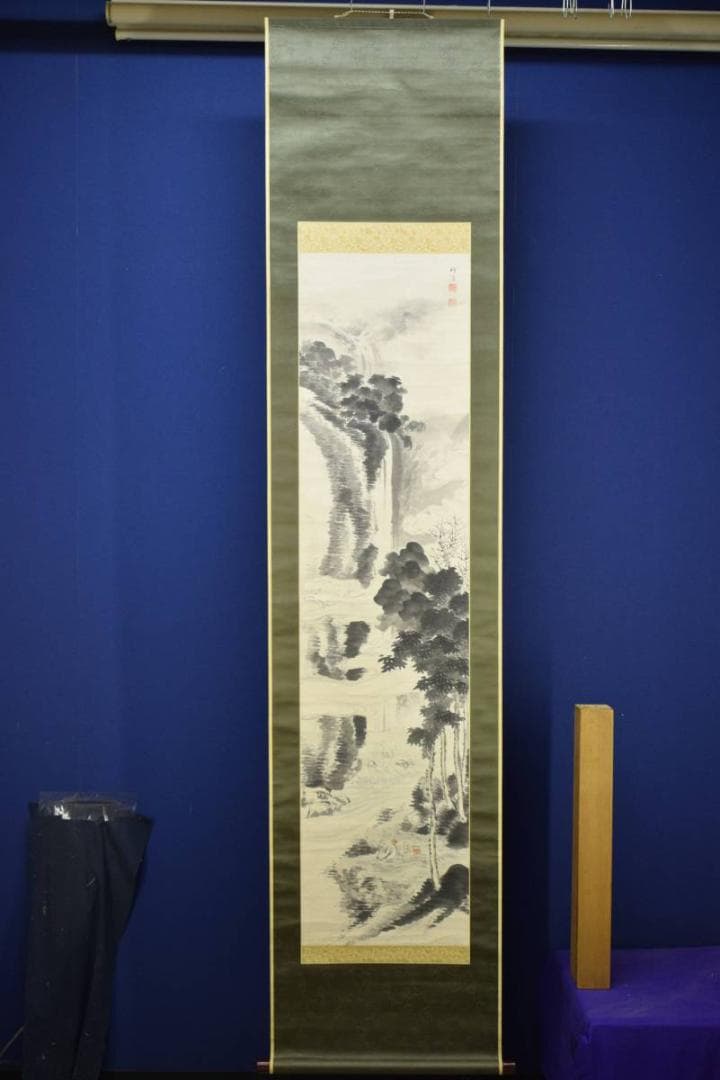 模写/中村竹渓/観瀑図/絹表装/軸先紫檀/布袋屋掛軸HD-732