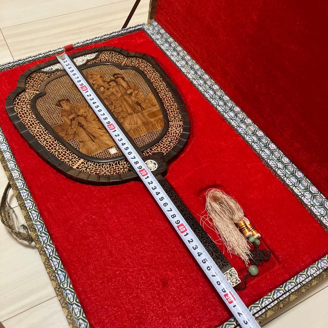 中国美術 唐木造 白檀透彫刻 翡翠 軍配型硯屏 団扇　唐物？