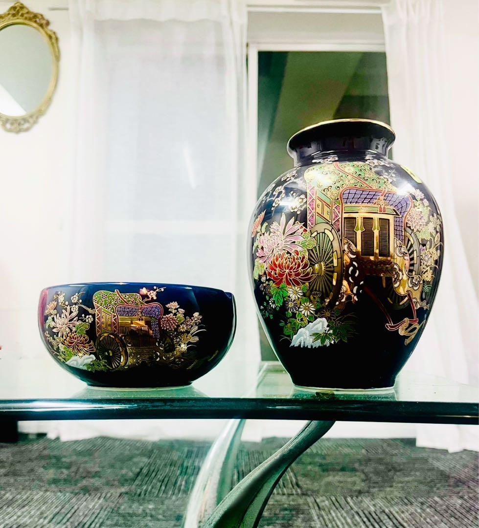 九谷焼　文峰心　時代物　金彩装飾壺 鷹椿　 花瓶&灰皿セット