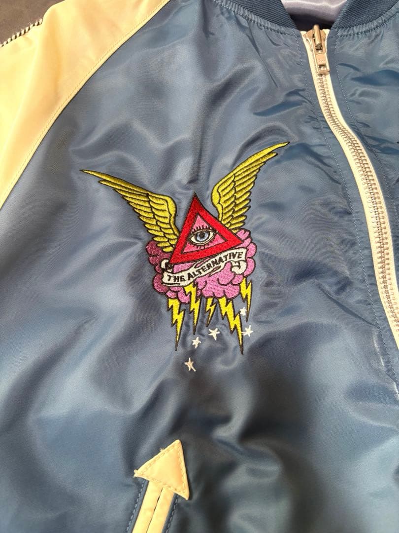 RNA スカジャン ブルー×アイボリー 刺繍入り アメカジ　Ｍサイズ