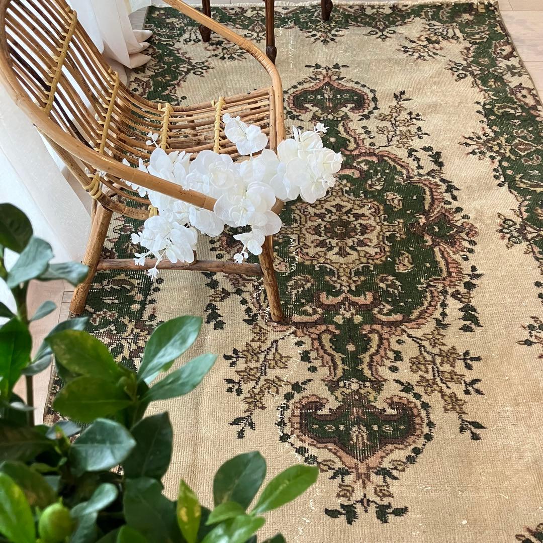 メダリオン113×199カーキ　リッチwool グリーン　トルコヴィンテージラグ