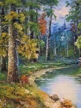 【真作】絵画　油彩12号　深緑の森とせせらぎ　自然美のアート　森林風景　Y158