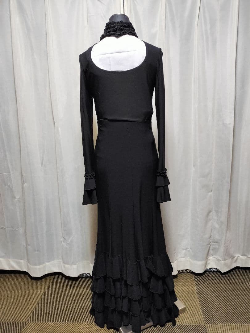 【丈長め】フラメンコ用ブラックセットアップ4段フリル