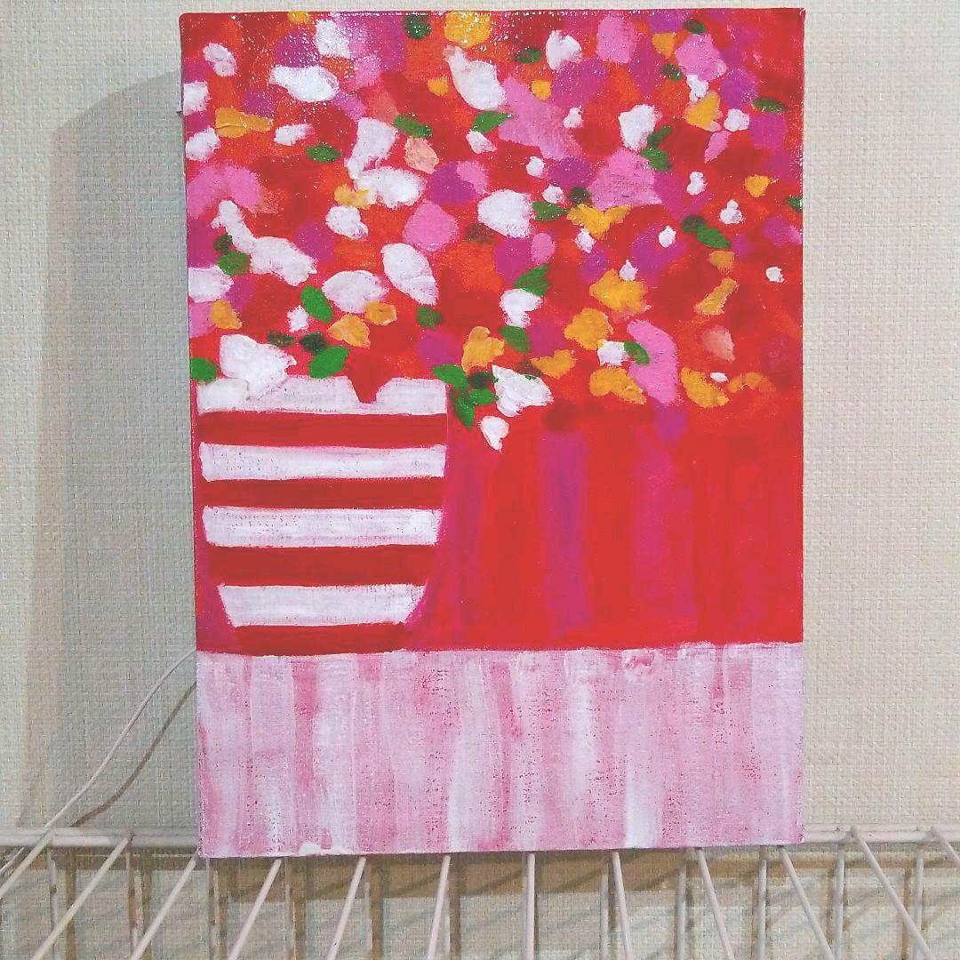 油絵　赤白ボーダーの花瓶と花