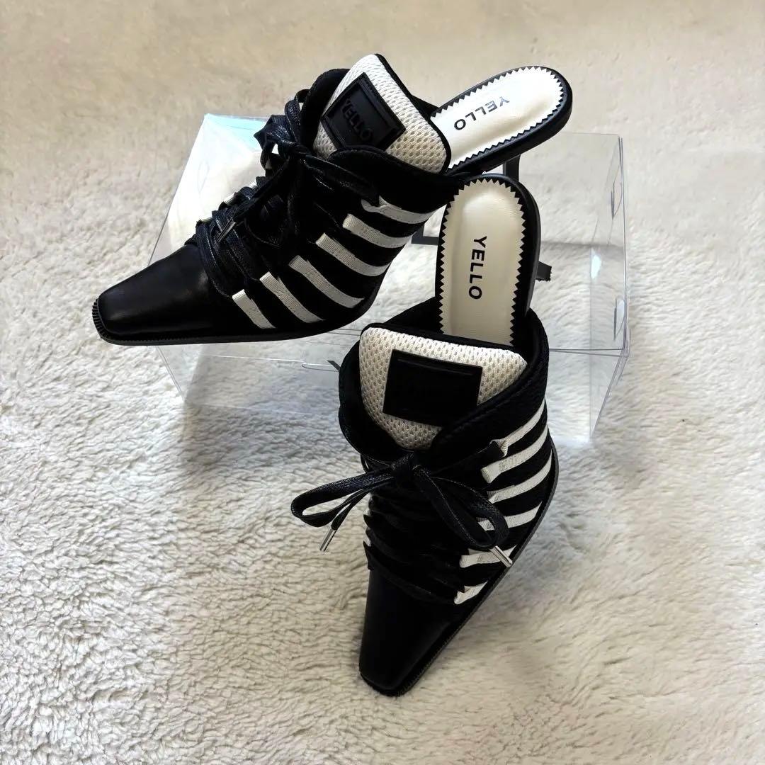 【美品‼️】YELLO ブラックホワイト ストライプ ミュール