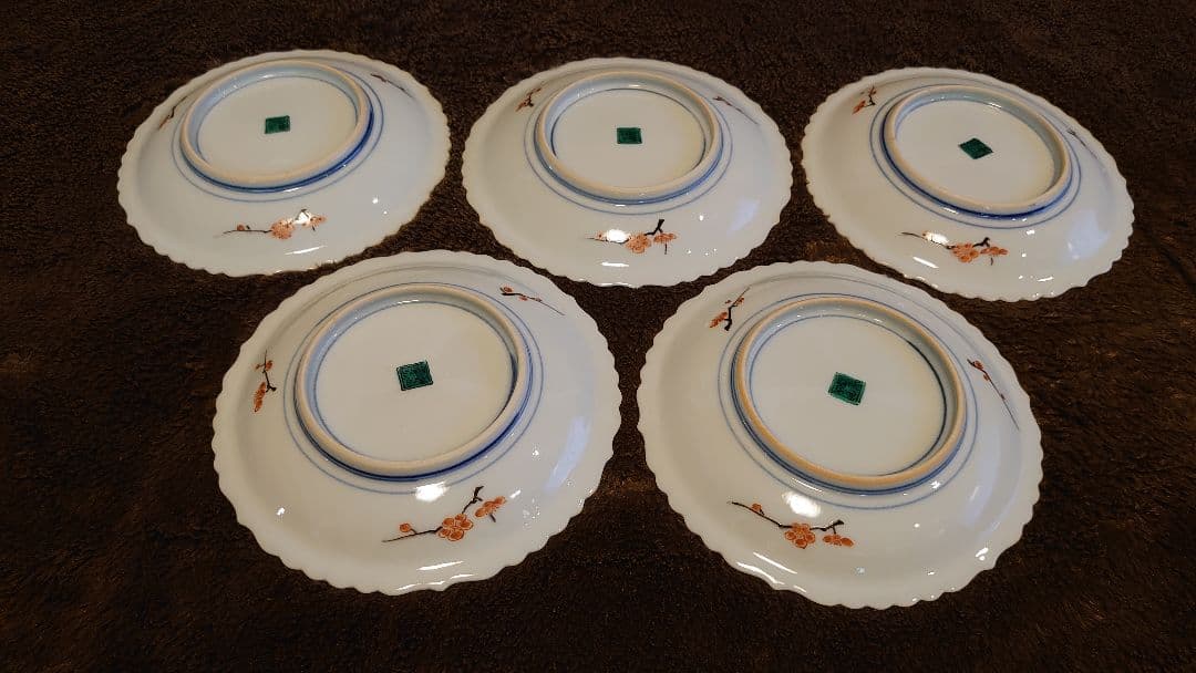 古九谷　九谷焼　輪華皿　陽刻　花の図　蔵出し　５客