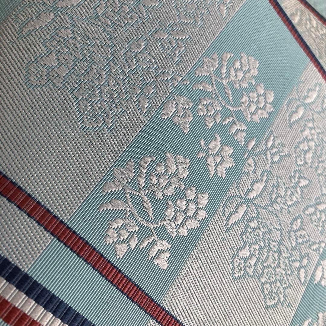 本場筑前博多織　半幅帯　ブルーグレー　織り出し花模様・縞模様　正絹　No2.22