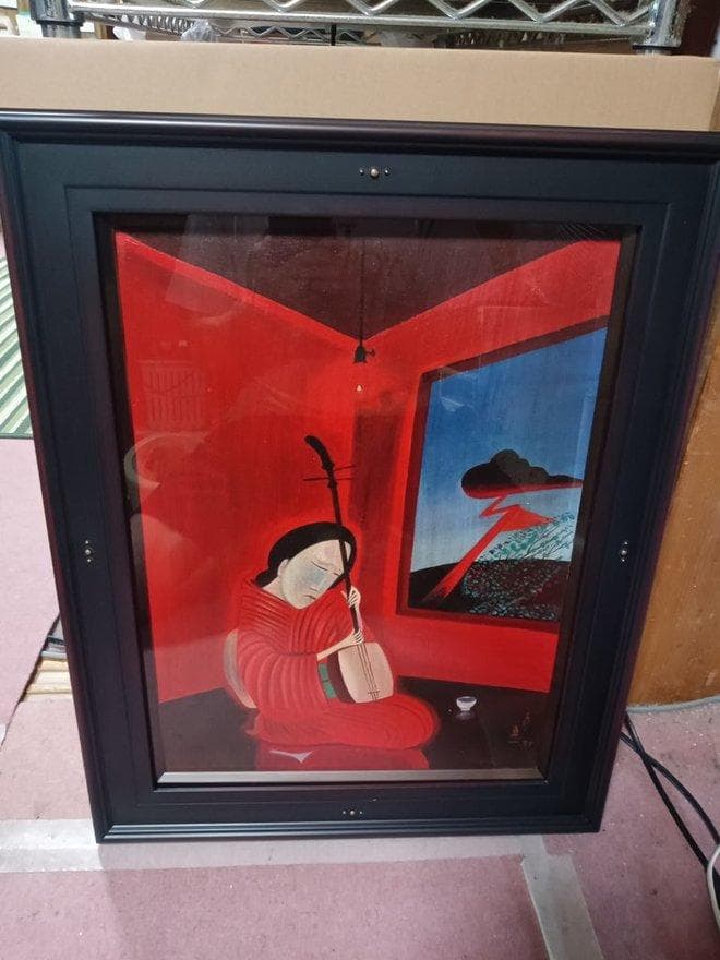 油彩画　斎藤真一作　「赫い雪」～越後瞽女日記より～　額付　共シールル