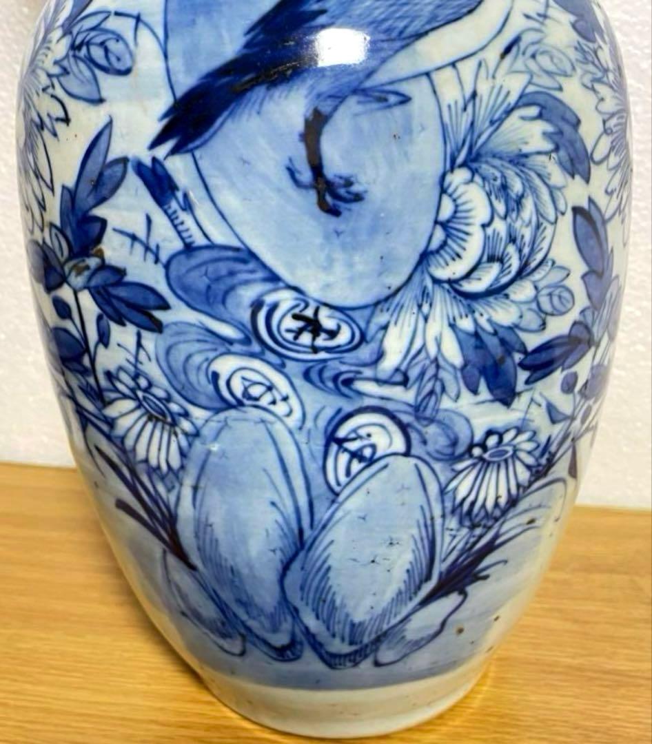 清時代 青花花鳥紋双耳瓶 中国骨董品。