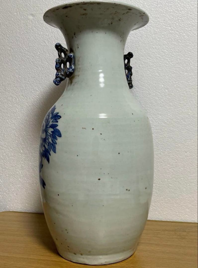 清時代 青花花鳥紋双耳瓶 中国骨董品。