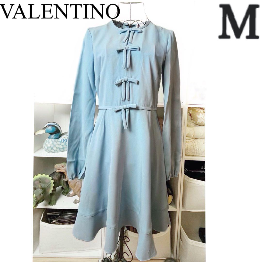 ✖︎ ヴァレンティノ ワンピース Aライン フレア リボン ブルー 水色 M