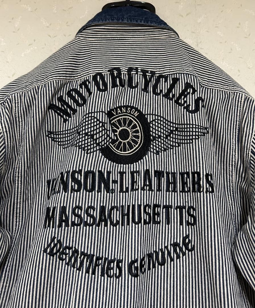 ＊バンソン VANSON バック刺繍 ヒッコリー つなぎ オールインワン XXL