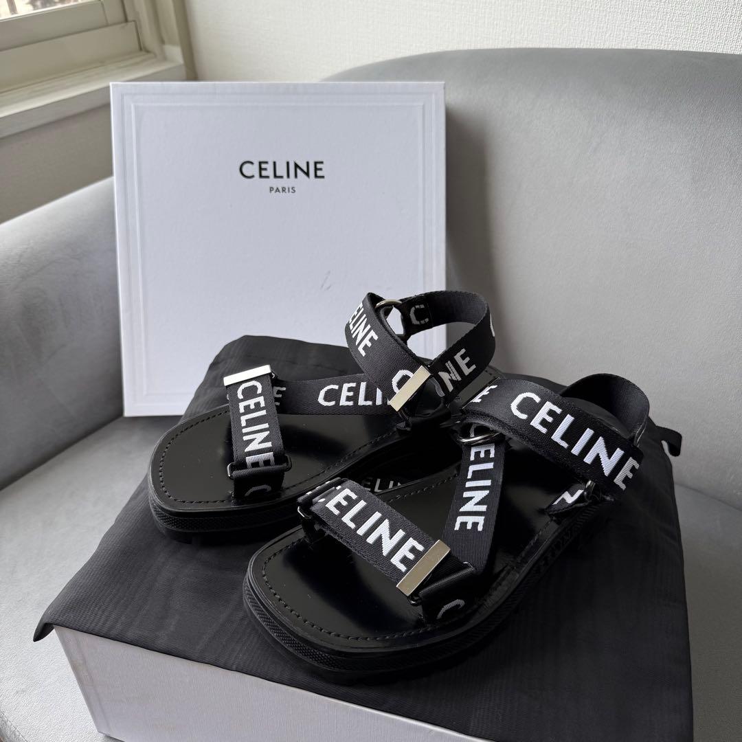 セリーヌ レオ ストラッピー サンダル レザー ファブリック ベルクロ 38