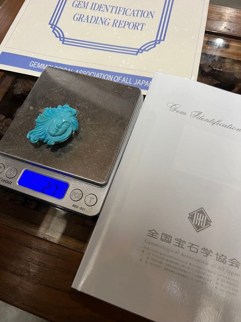 K18WG天然トルコ石彫刻　カメオ　K14WG 総重量27.1g