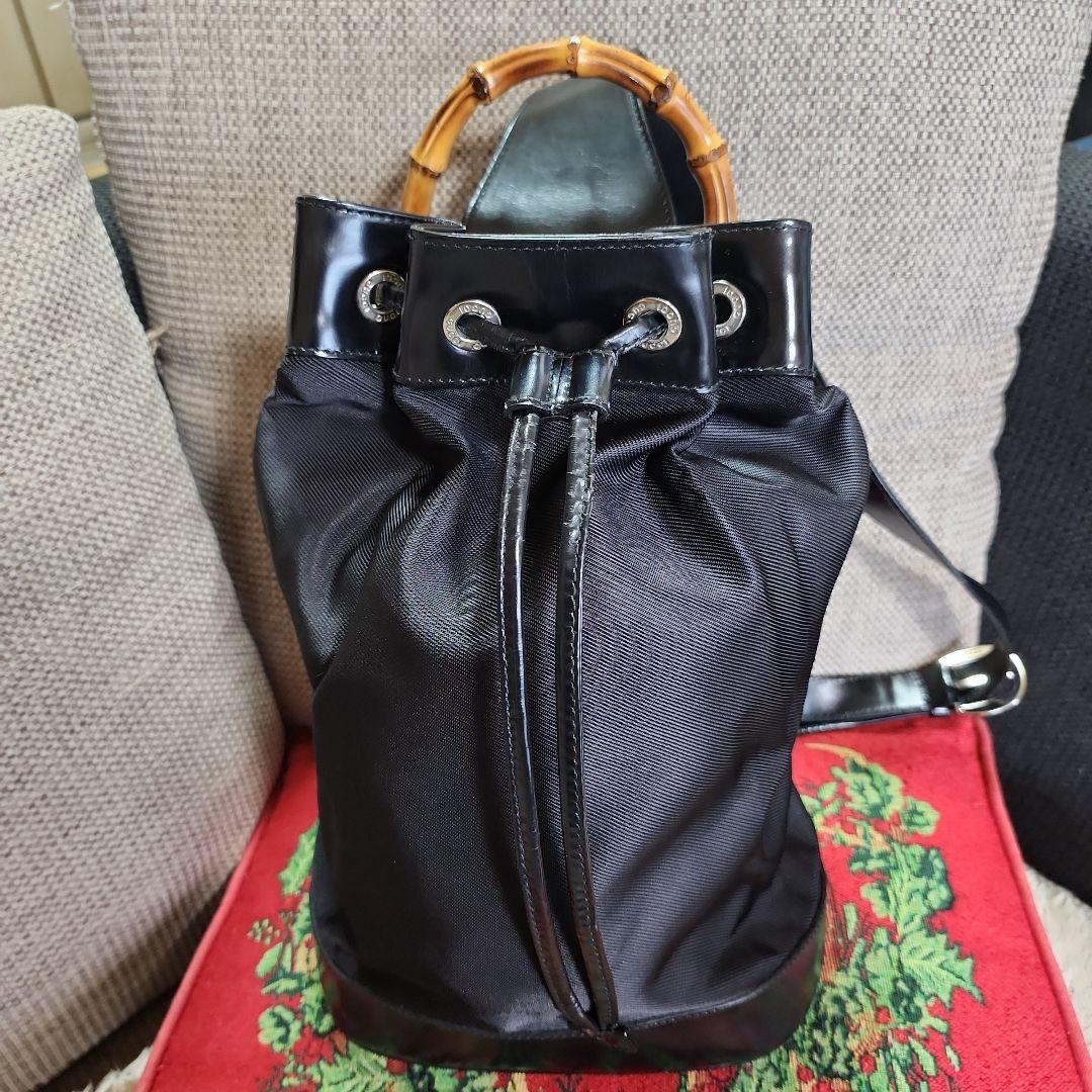 【美品】グッチ バンブー ショルダーバッグ ボンサック ナイロン×レザー 黒