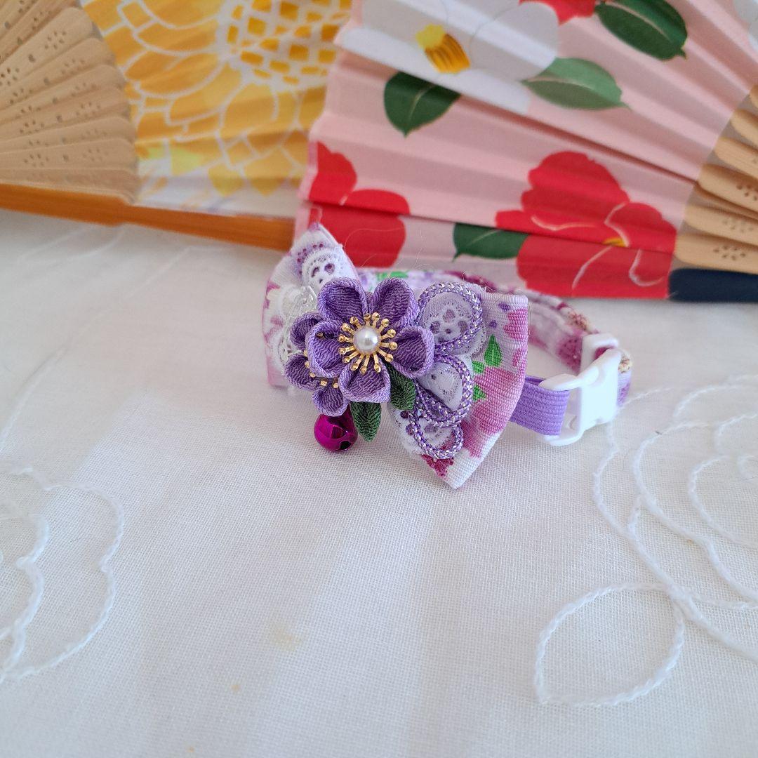 シングルリボン、和風つまみ細工(藤色)わんちゃん猫ちゃん用首輪