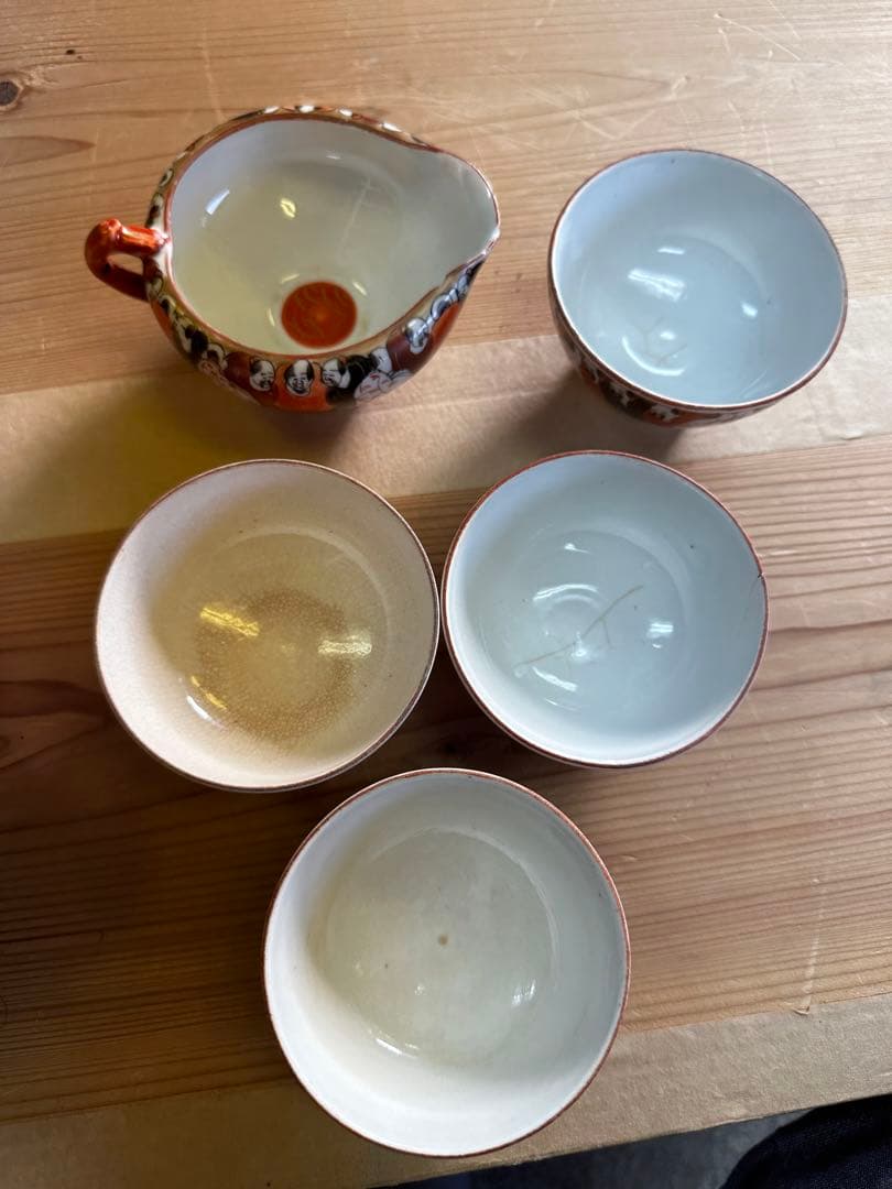 九谷焼6点セート，茶具，茶器，古九谷，百壽老人，赤繪，骨董，インテリア，九谷焼，