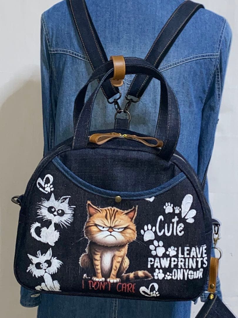 歳末セール☆岡山デニム☆トラ猫☆ステンシル☆扇型☆4wayボストンバッグ