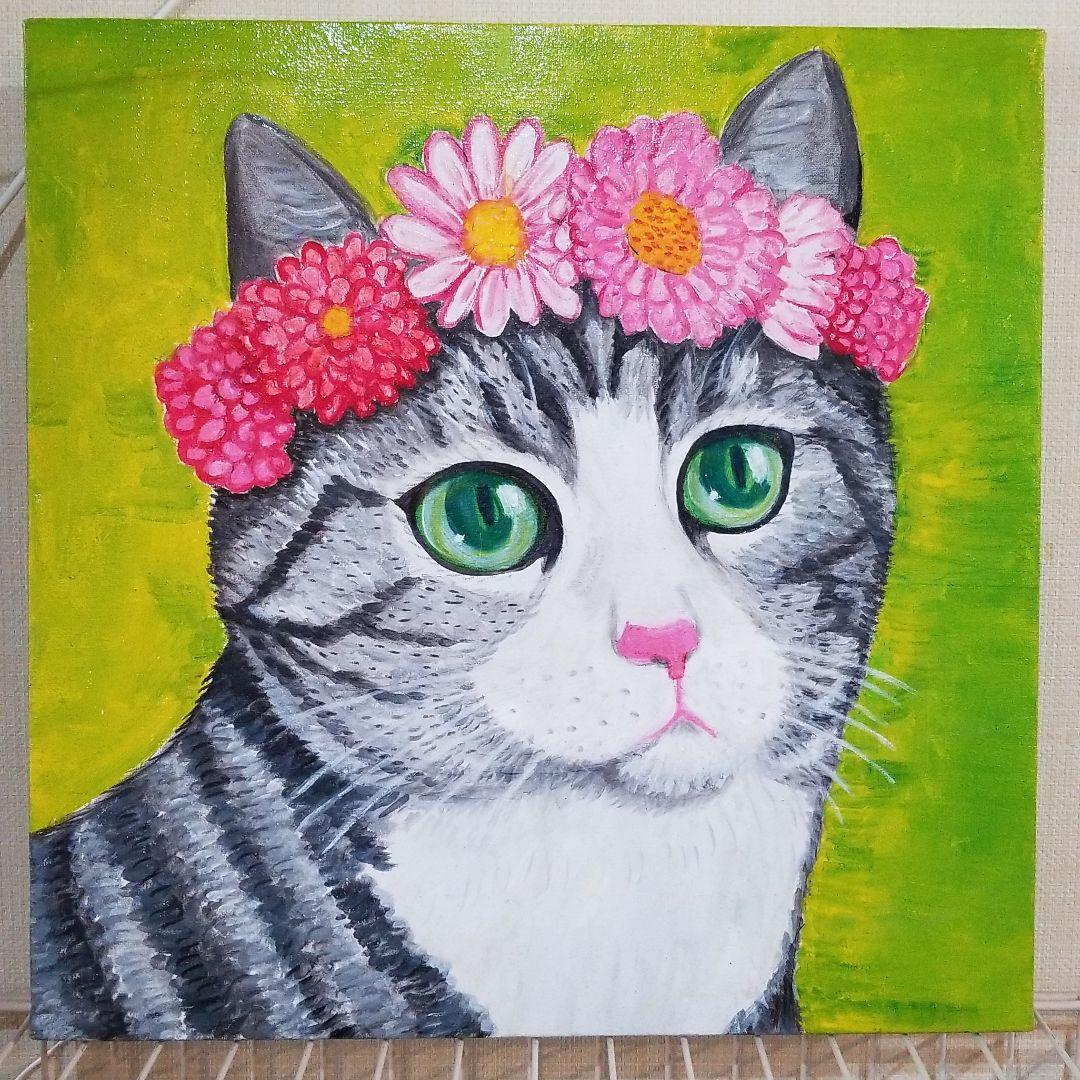 油絵　専用品　頭に花をのせた猫2
