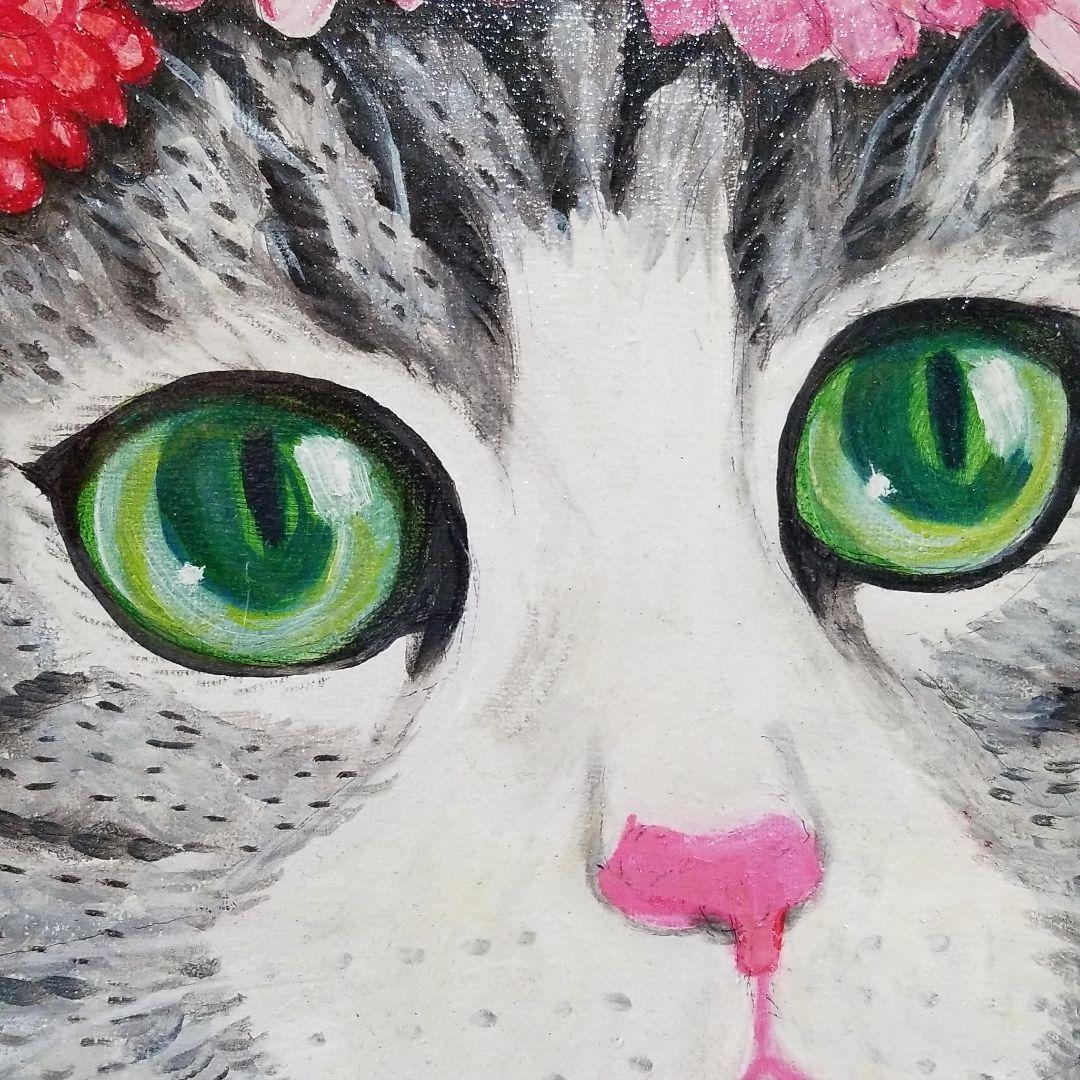 油絵　専用品　頭に花をのせた猫2