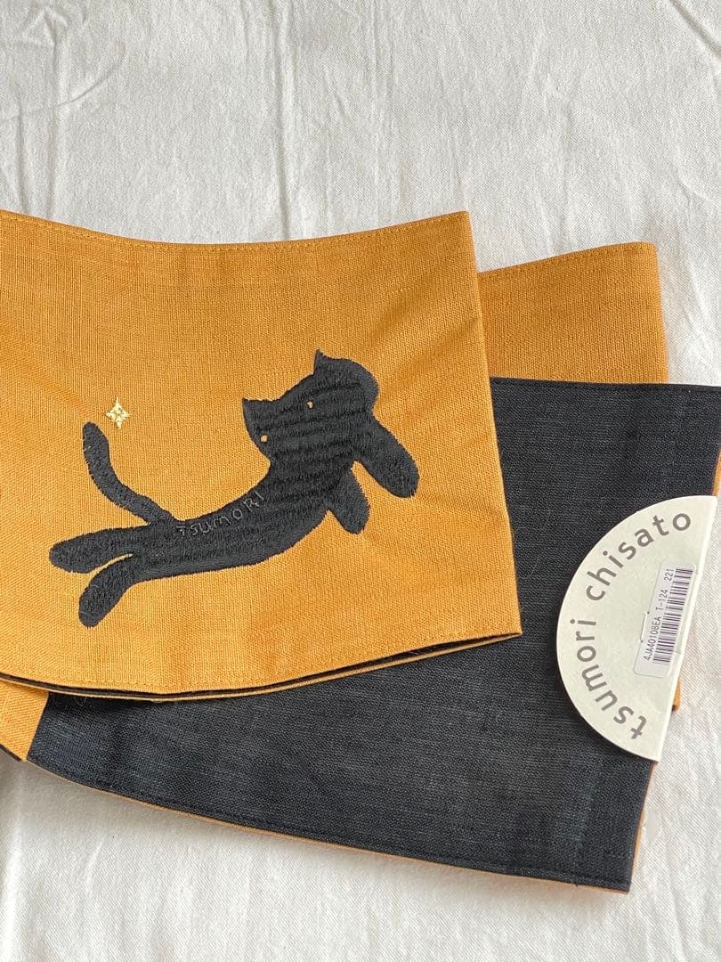 【ツモリチサト】半幅帯 黒とカラシと猫刺繍