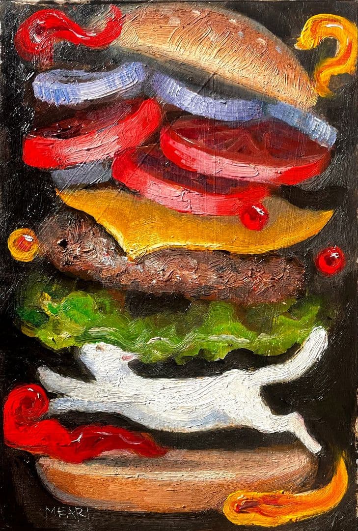 猫バーガー　油彩画　油絵　原画　額付き　オリジナル