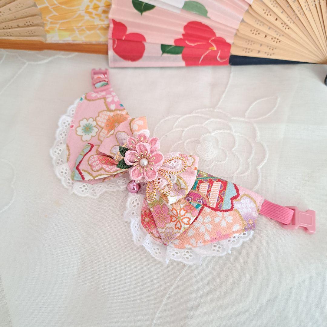 和風つまみ細工(ピンク)わんちゃん猫ちゃん用襟付き首輪