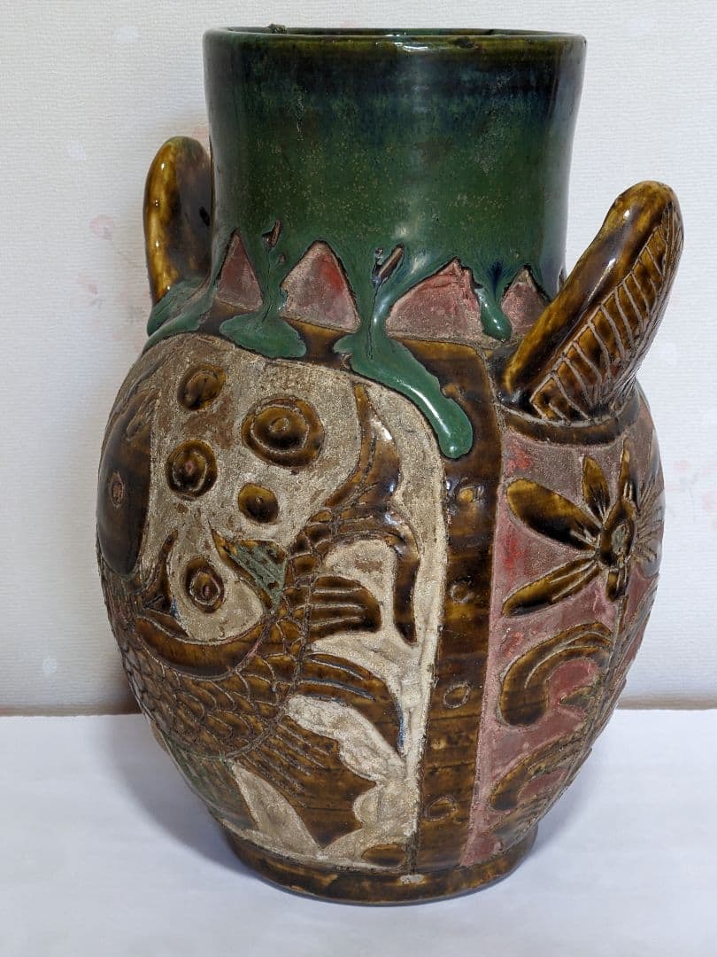 ♦琉球 飴釉掻落し 魚紋文様 双耳壺 瓶 沖縄花瓶 珍物珍品 古美術品 骨董品