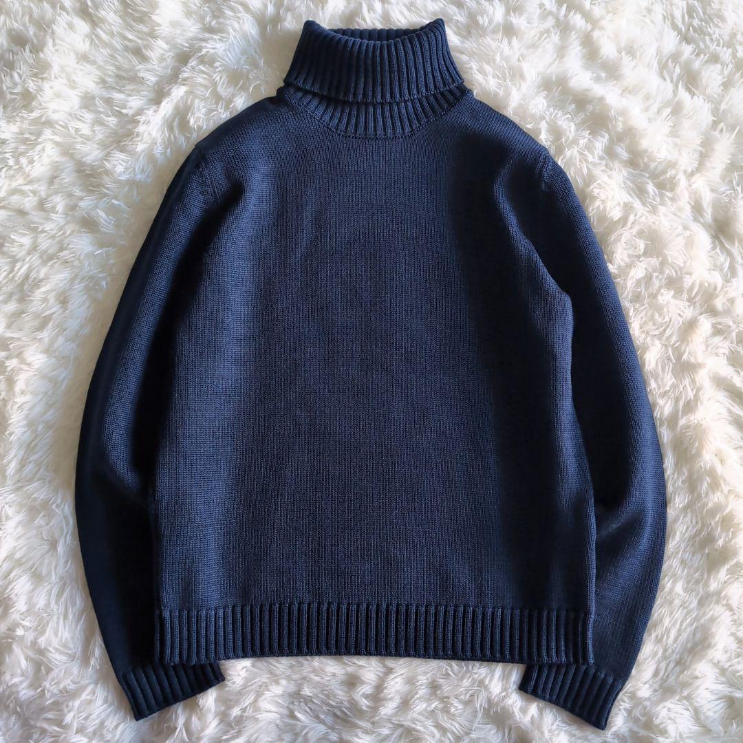 美品 ザノーネ 肉厚ウール タートルネック ニットセーター 48 ネイビー