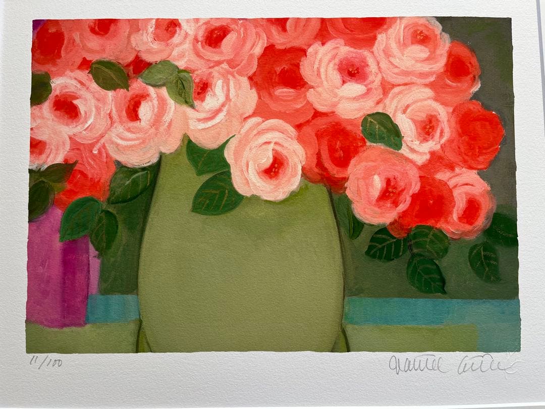 新品額入り　限定版画　ジニー・キム　直筆サイン、ED、証明書あり　薔薇　オレンジ