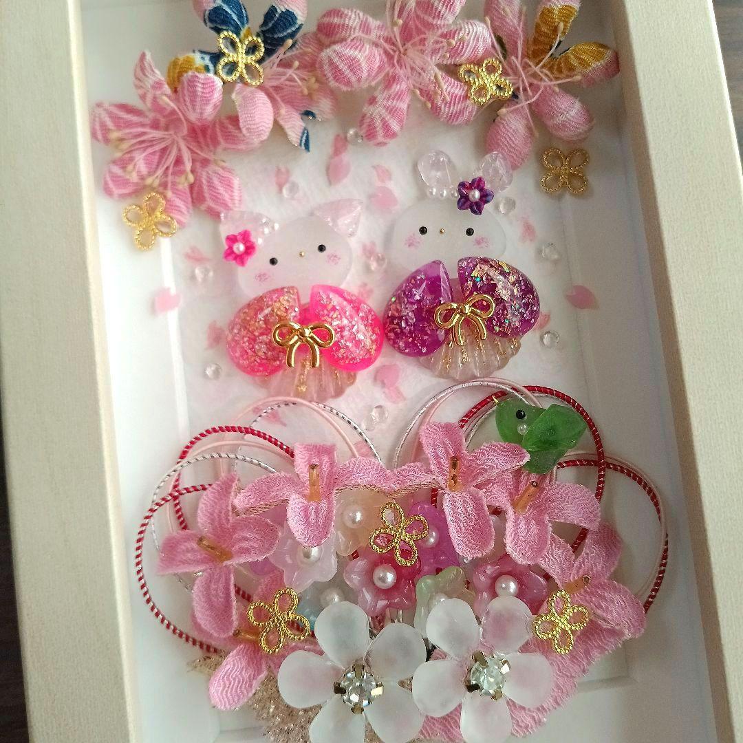 シーグラスアート　♡桜ハートの花かご姉妹♡　ちりめん細工