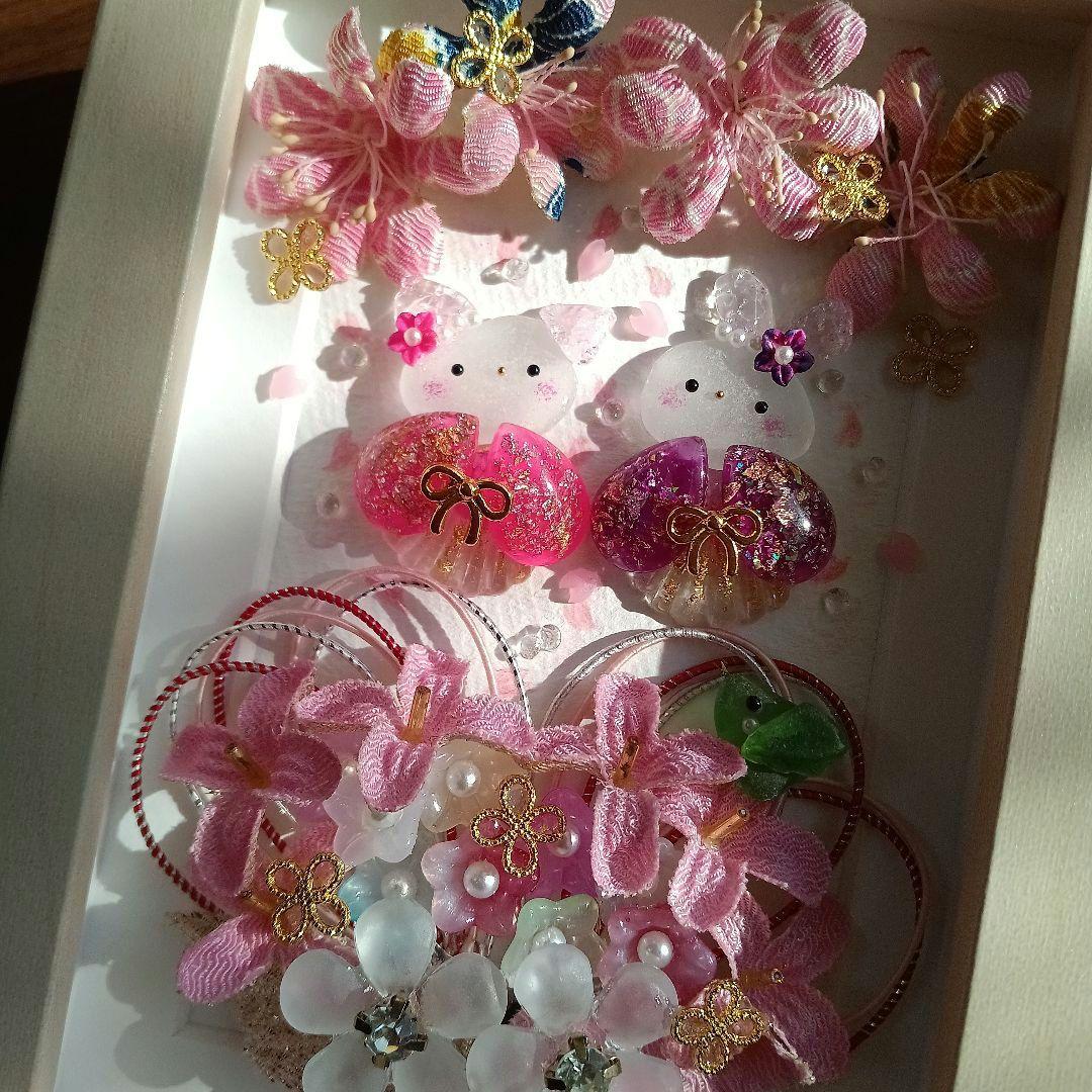 シーグラスアート　♡桜ハートの花かご姉妹♡　ちりめん細工