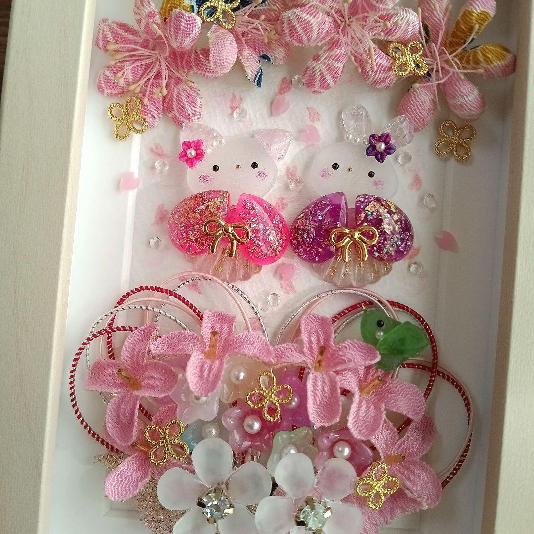 シーグラスアート　♡桜ハートの花かご姉妹♡　ちりめん細工