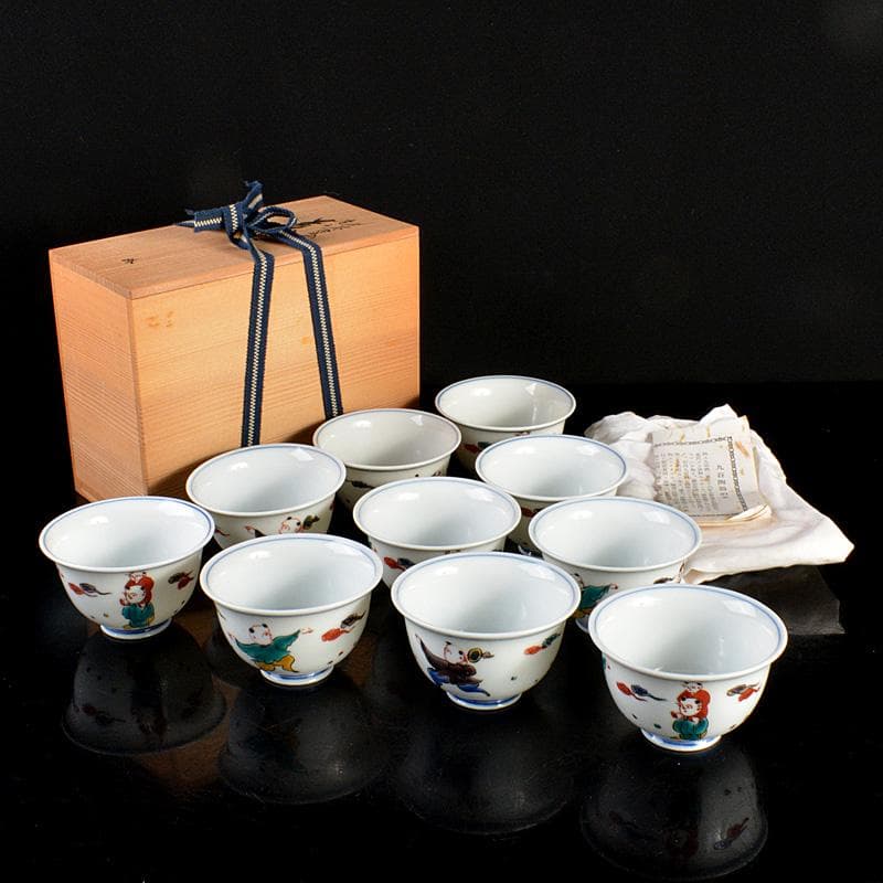 九谷焼　堀江青光作　色絵唐子文　波出茶碗　10客　共箱　V　6232C