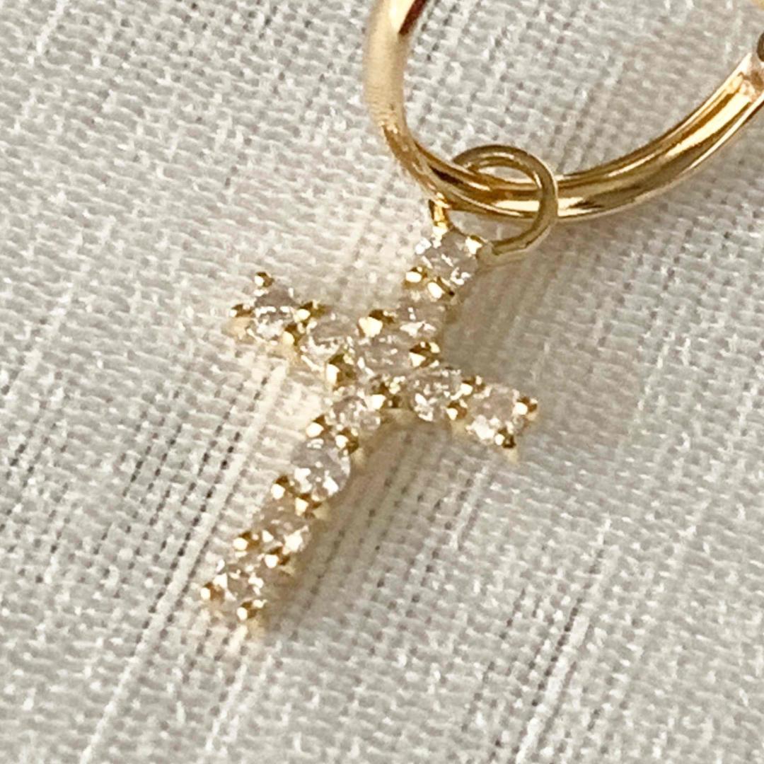 18金【フープ+クロスピアス 天然ダイヤモンド0.1ct】2way 新品！
