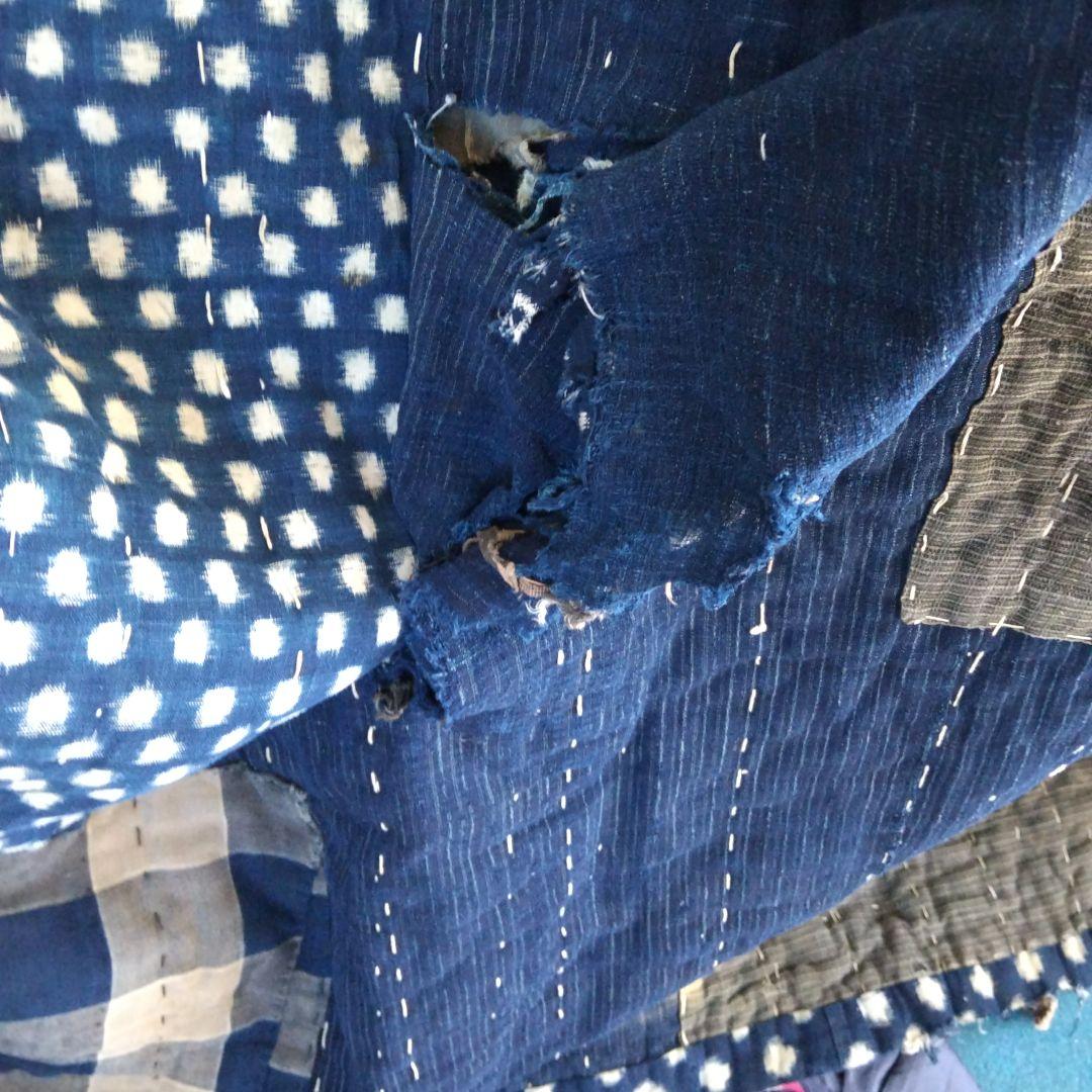 藍色 ボロ布 綿 布団 敷物 大判 骨董品 ボロ布市 明治期