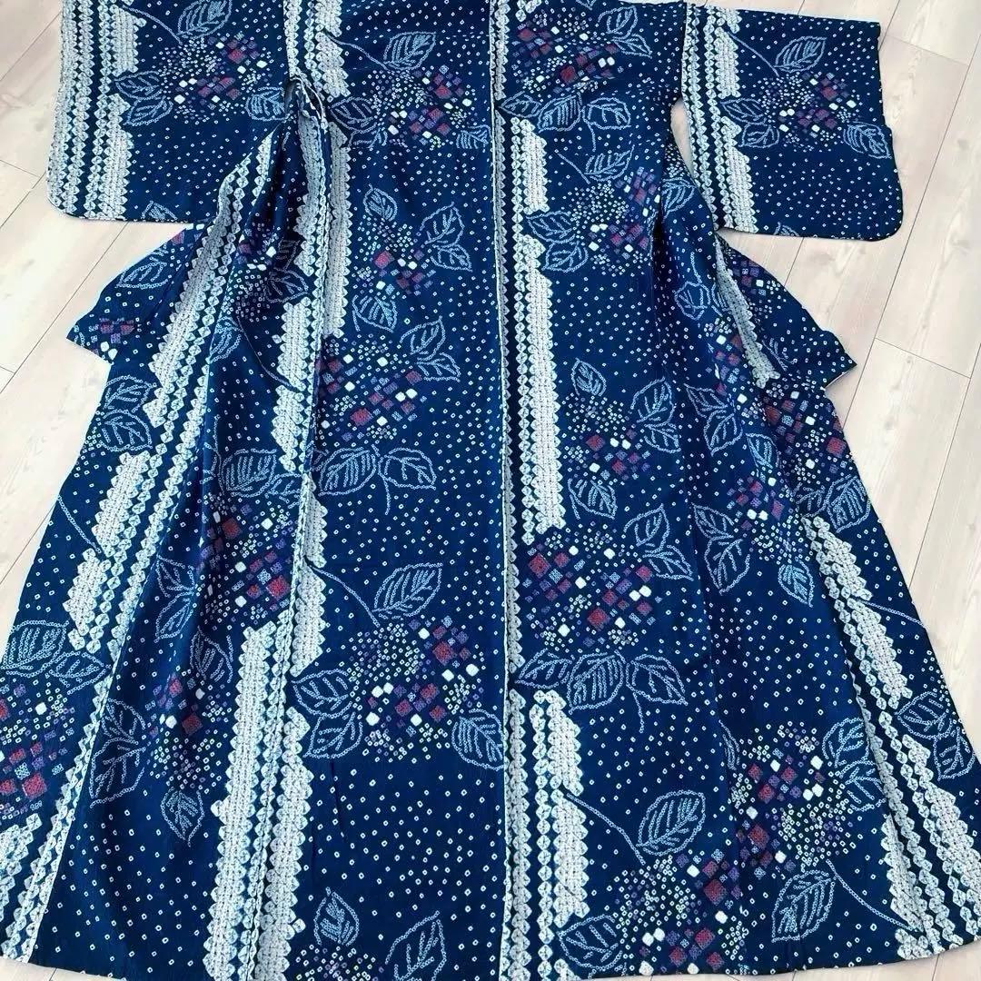 有松絞り浴衣・蜘蛛絞り　青緑　紫陽花　手縫い　絞り浴衣　裄70cm No7-15