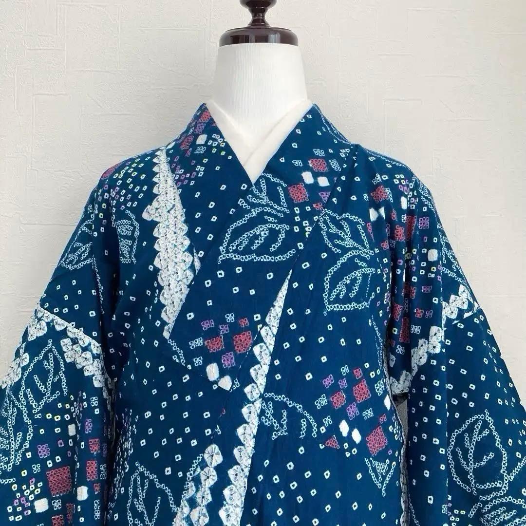 有松絞り浴衣・蜘蛛絞り　青緑　紫陽花　手縫い　絞り浴衣　裄70cm No7-15