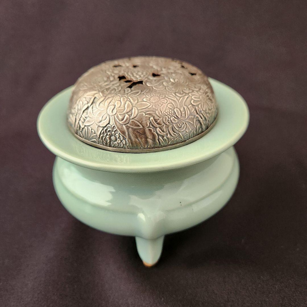 青磁 袴腰香炉 銀火屋 純銀 刻印