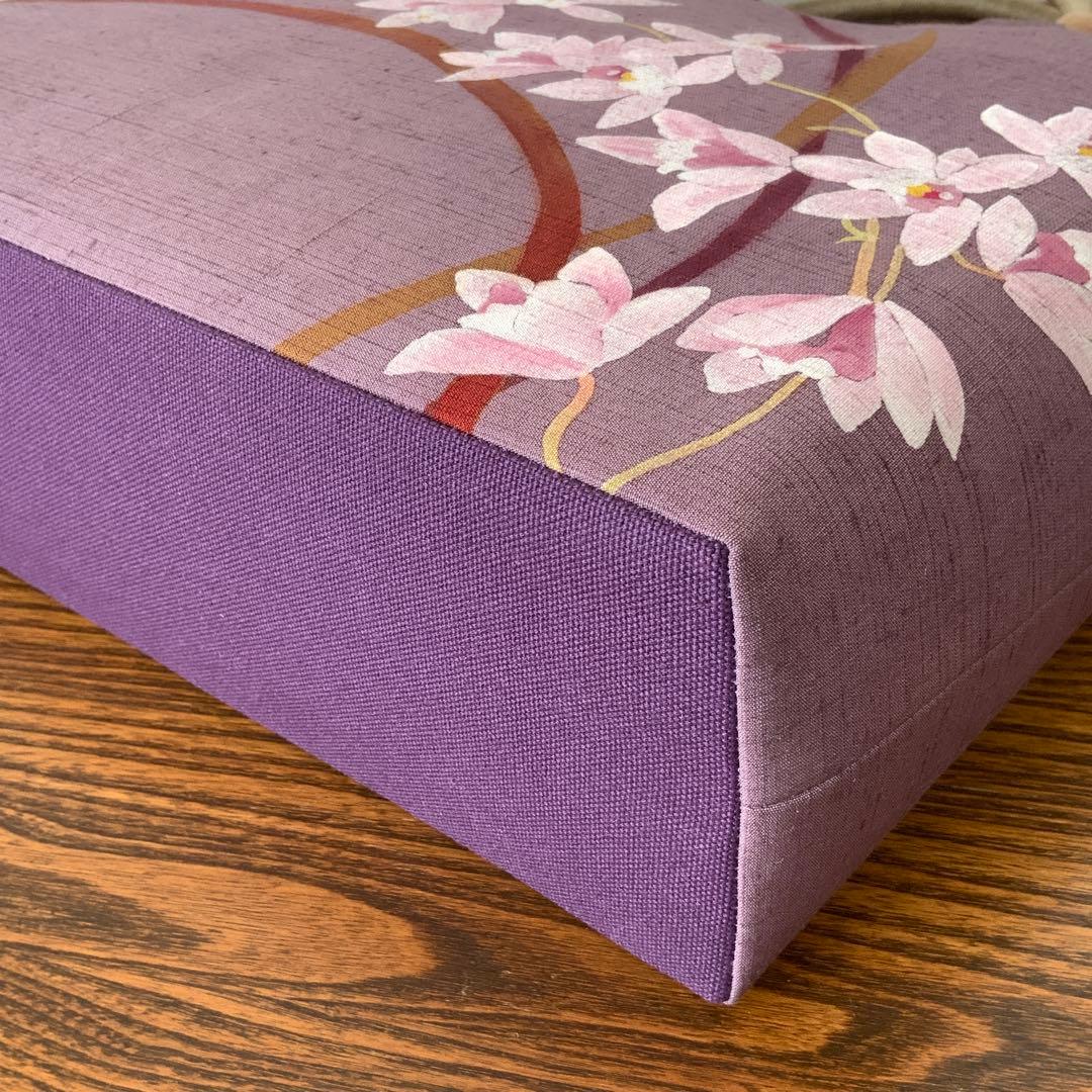 A4サイズ対応　紬　蘭のお花　リメイク　リネンコードハンドルバッグ
