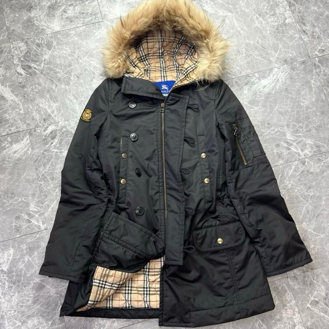 バーバリー♡モッズコート　ラクーンファー　ノバチェック 黒　36 S
