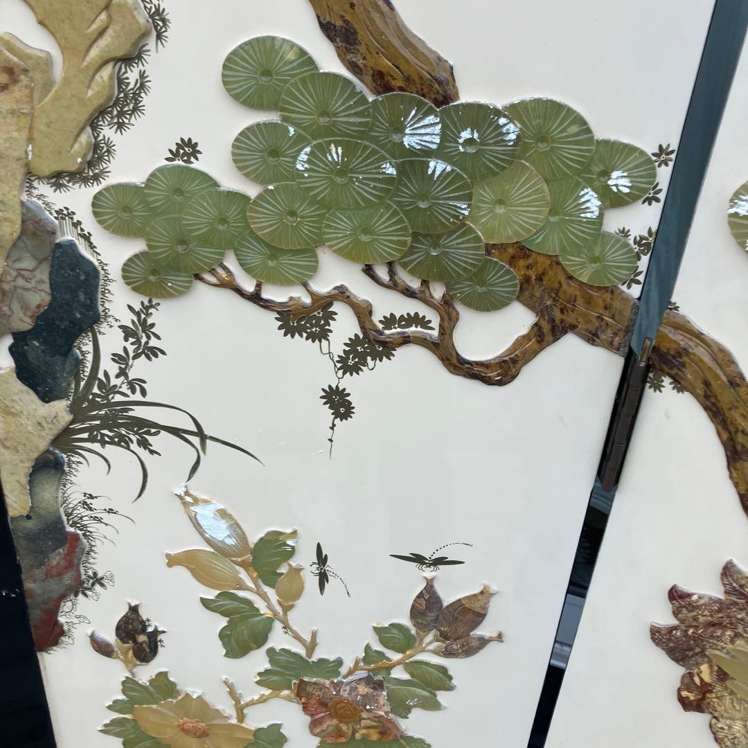 中国骨董 天然石細工 松 鶴 とんぼ 古典画装飾 木製 4連屏風 衝立 間仕切り