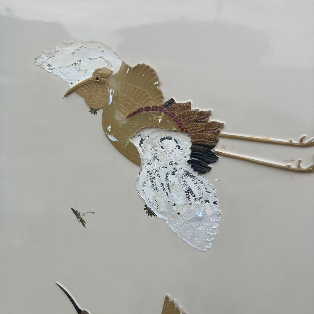 中国骨董 天然石細工 松 鶴 とんぼ 古典画装飾 木製 4連屏風 衝立 間仕切り