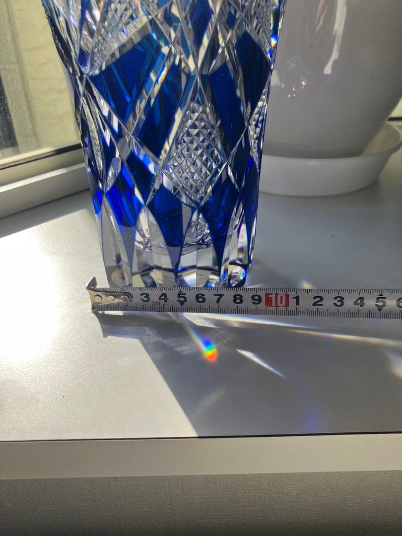 昭和レトロ◆江戸切子◆花器 花瓶◆昭和後期◆青被せ カットガラス