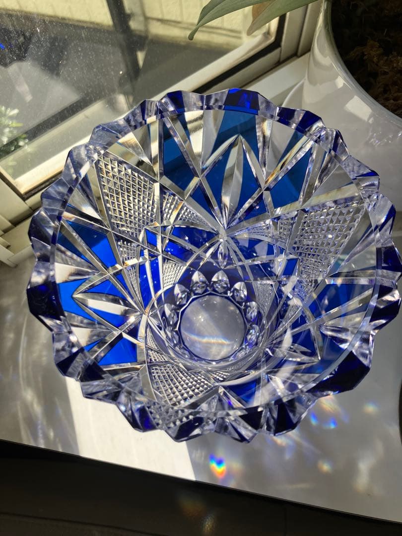 昭和レトロ◆江戸切子◆花器 花瓶◆昭和後期◆青被せ カットガラス