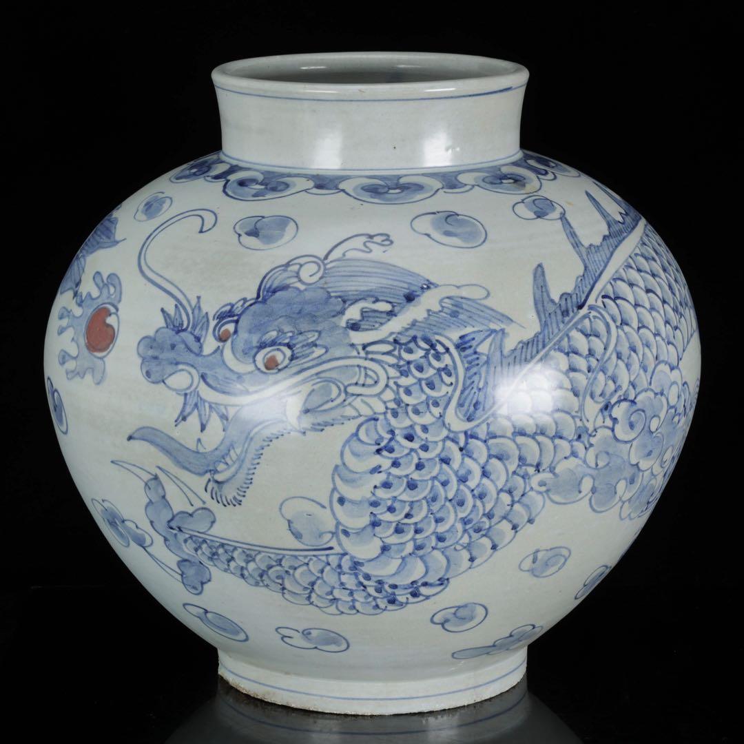 朝鮮美術 李朝 白磁 青花 染付 雲龍図 丸壺 32cm 大壺 古美術 骨董品