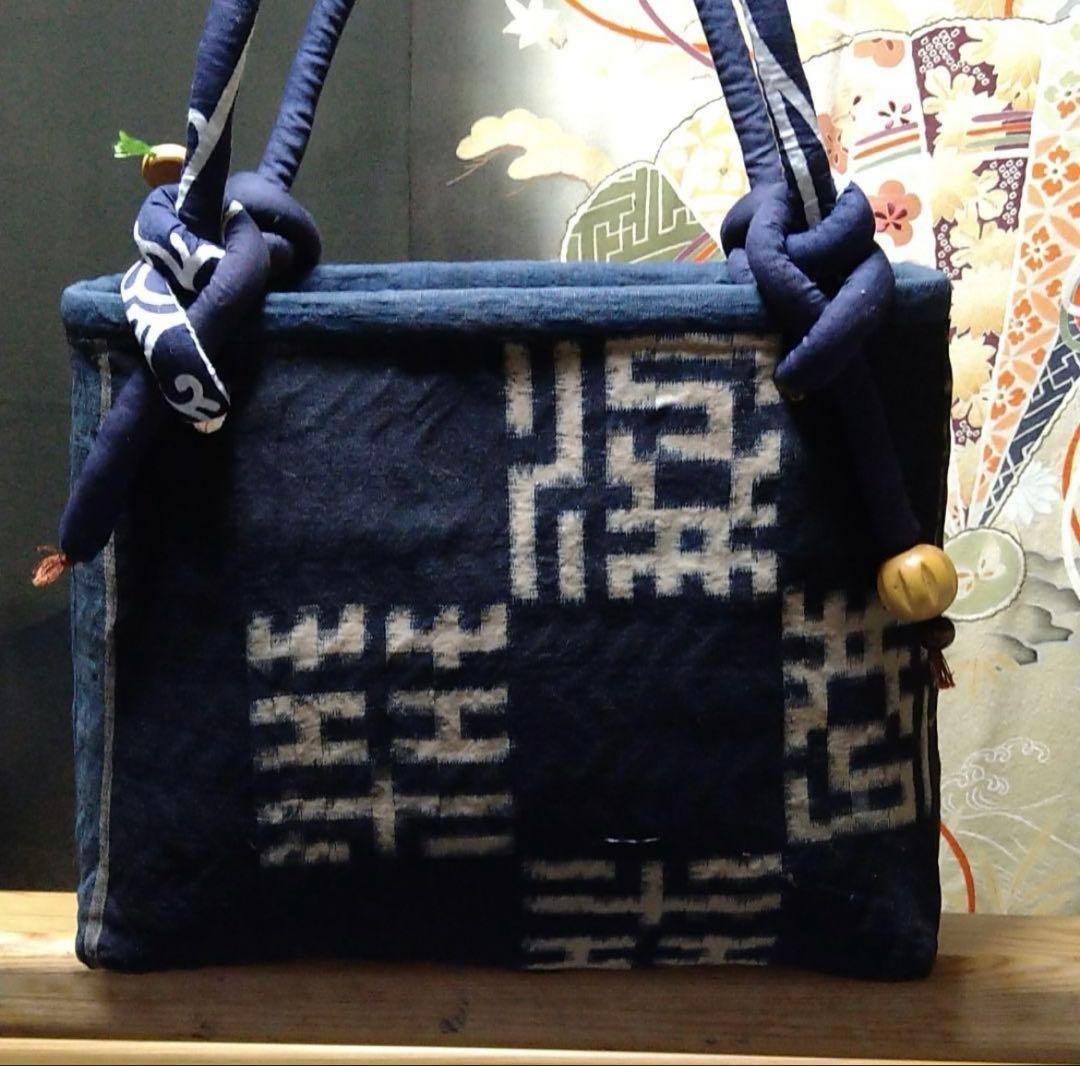 一閑張り　古布の藍　型染め　久留米絣